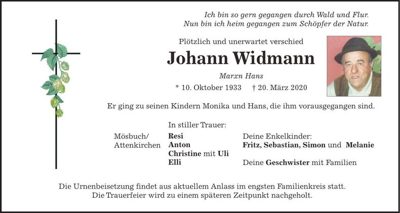 Traueranzeige Johann Widmann