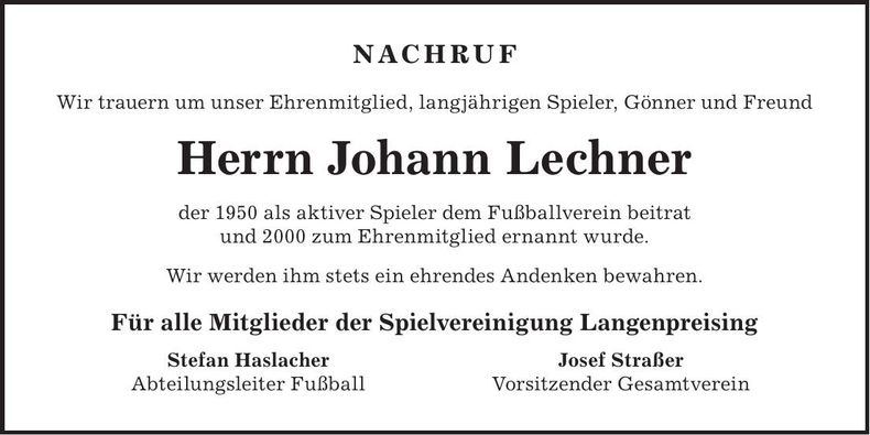 Traueranzeige Johann Lechner