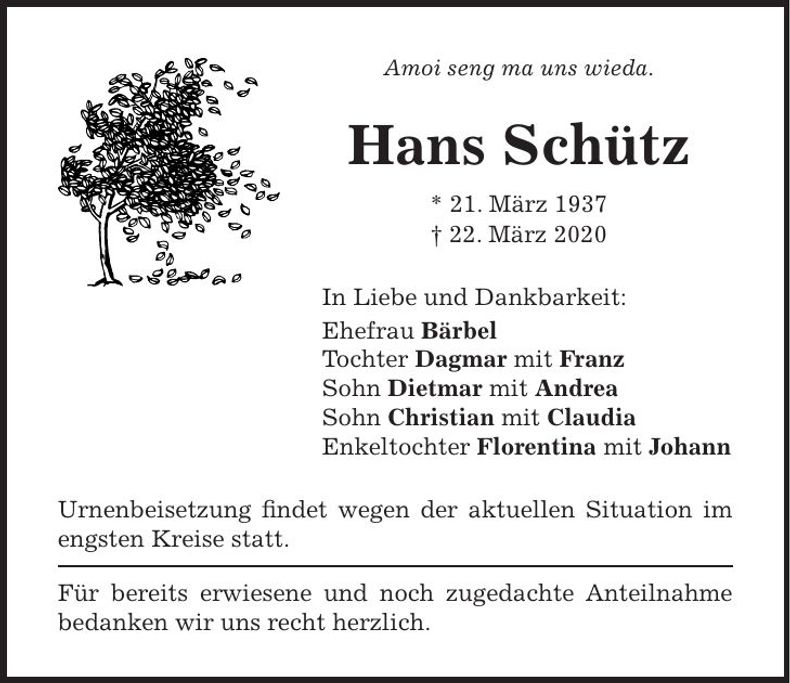 Traueranzeige Hans Schütz