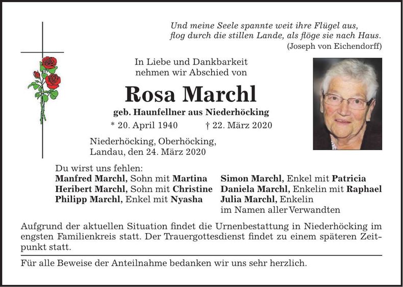 Traueranzeige Rosa Marchl