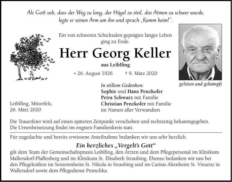 Traueranzeige Georg Keller