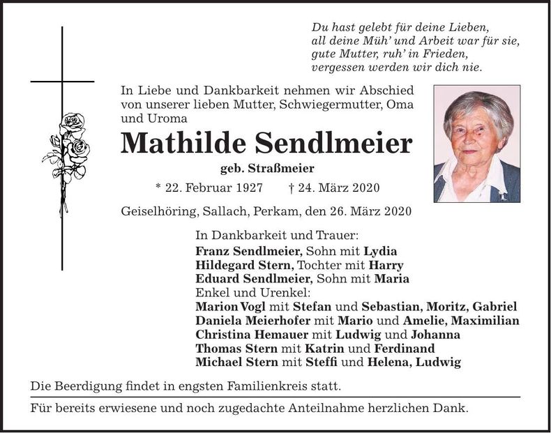 Traueranzeige Mathilde Sendlmeier