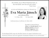 Traueranzeige Eva Maria Jänsch