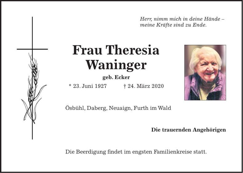Traueranzeige Theresia Waninger