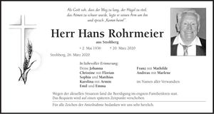 Traueranzeige Hans Rohrmeier