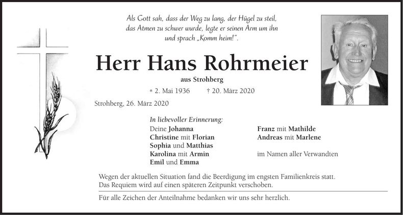 Traueranzeige Hans Rohrmeier