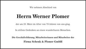 Traueranzeige Werner Plomer