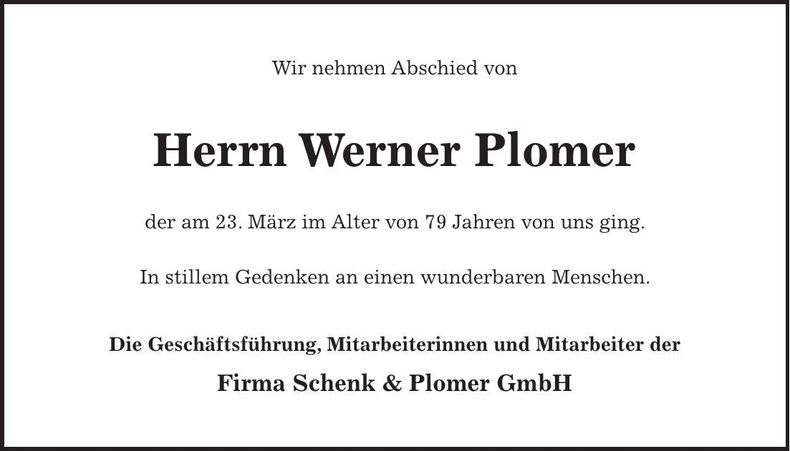 Traueranzeige Werner Plomer