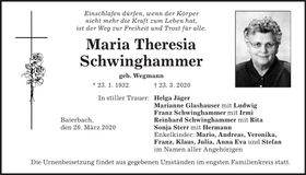 Traueranzeige Maria Theresia Schwinghammer