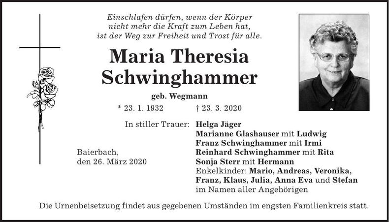 Traueranzeige Maria Theresia Schwinghammer