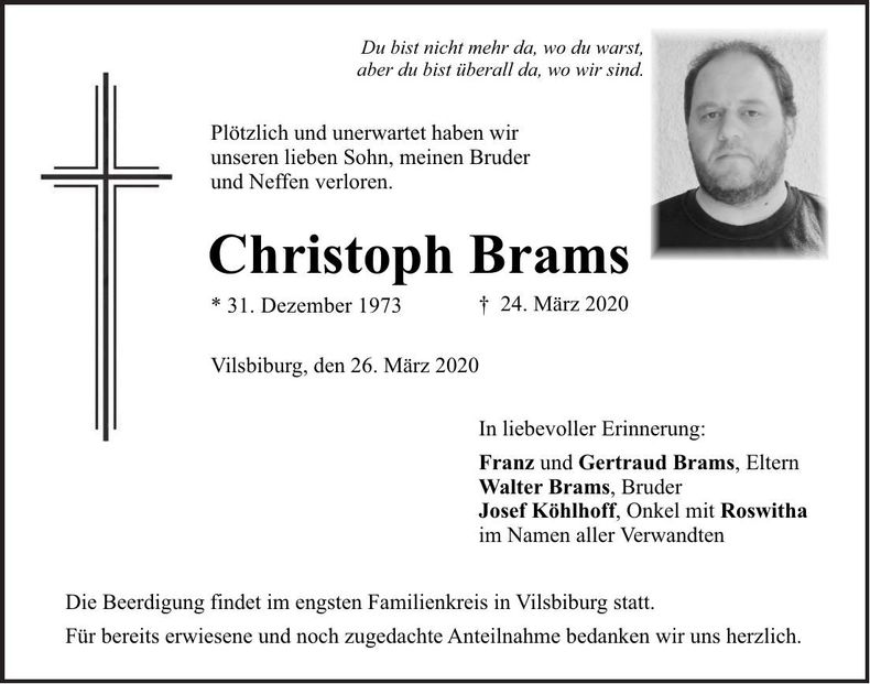 Traueranzeige Christoph Brams