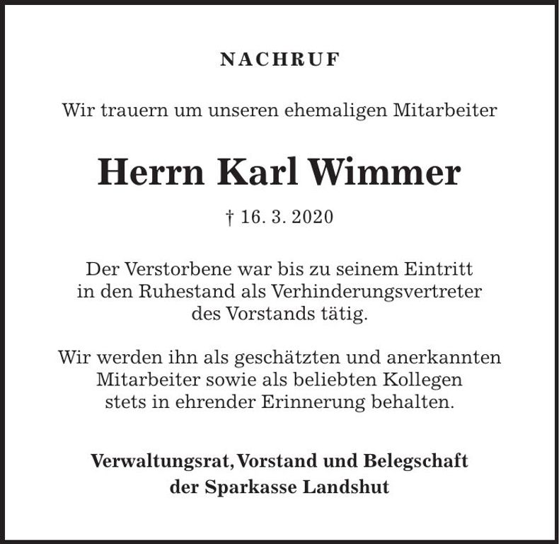 Traueranzeige Wimmer Karl