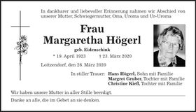 Traueranzeige Margaretha Högerl