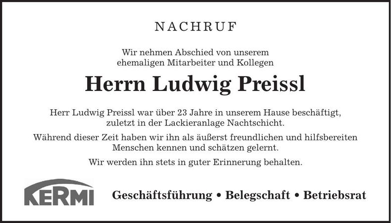 Traueranzeige Ludwig Preissel