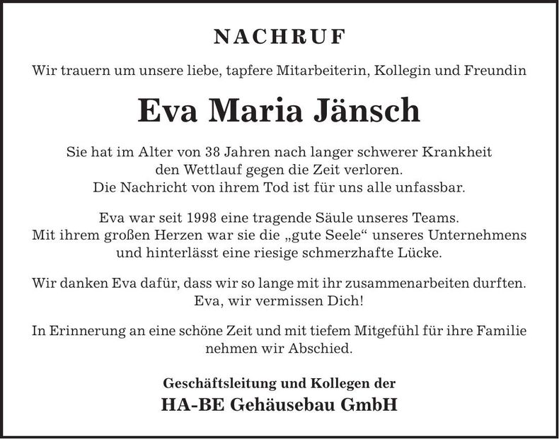 Traueranzeige Eva Maria Jänsch