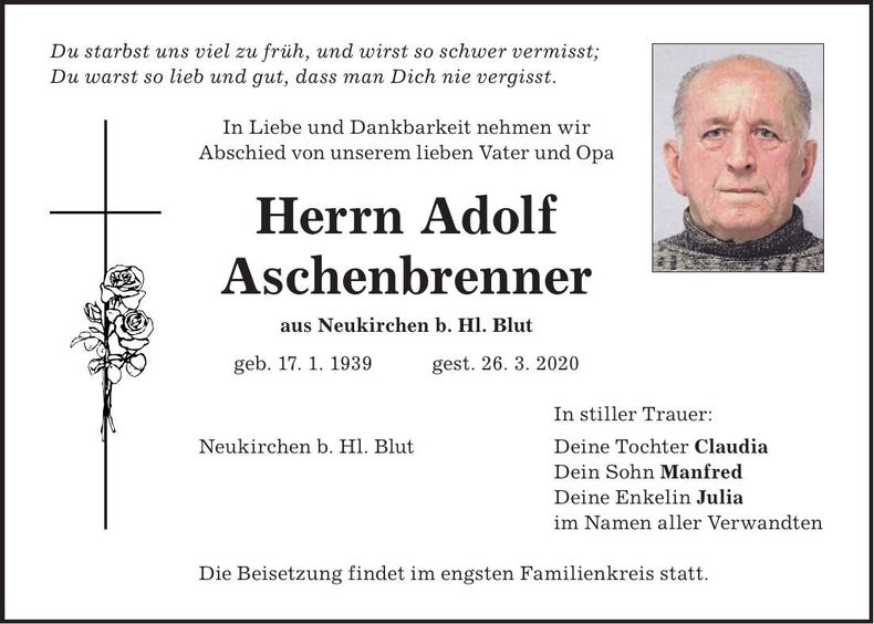 Traueranzeige Adolf Aschenbfenner