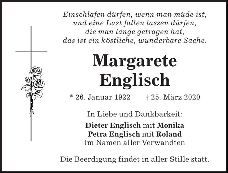 Traueranzeige Margarethe Englisch
