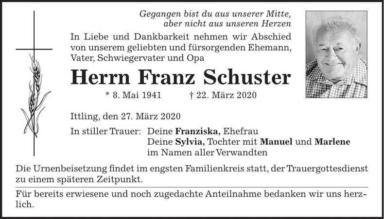 Traueranzeige Franz Schuster