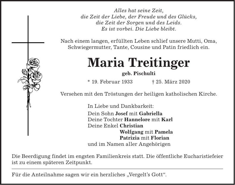Traueranzeige Maria Treitinger