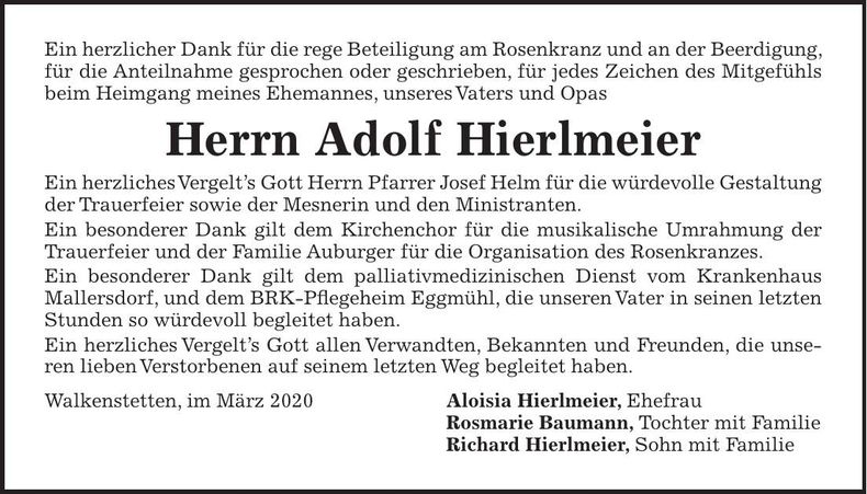 Traueranzeige Adolf Hierlmeier