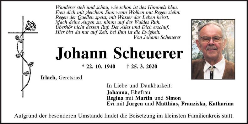 Traueranzeige Johann Scheuerer