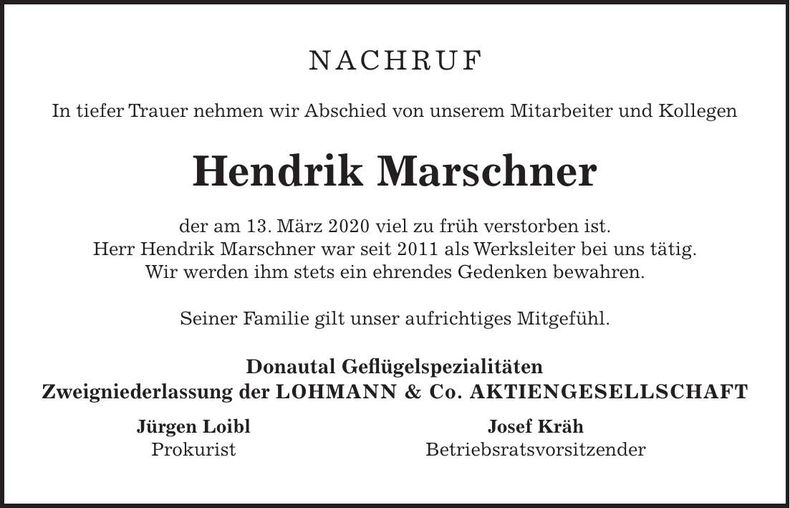 Traueranzeige Hendrik Marschner