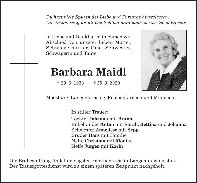 Traueranzeige Barbara Maidl
