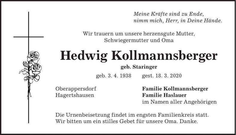 Traueranzeige Hedwig Kollmannsberger