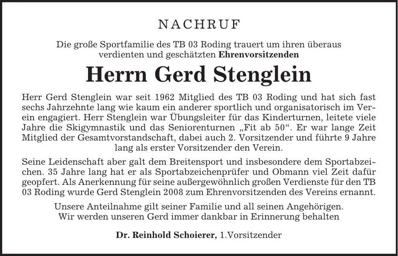 Traueranzeige Gerhard Stenglein