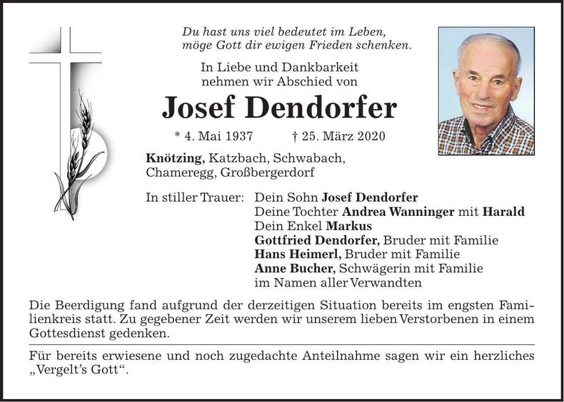Traueranzeige Josef Dendorfer