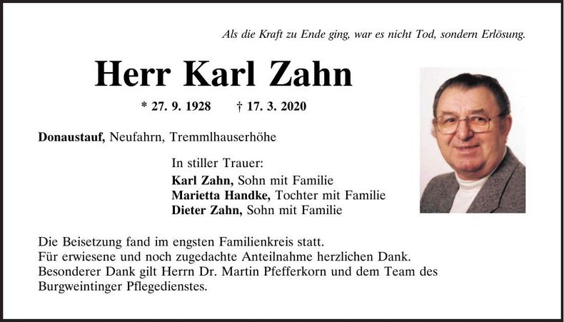 Traueranzeige Karl Zahn