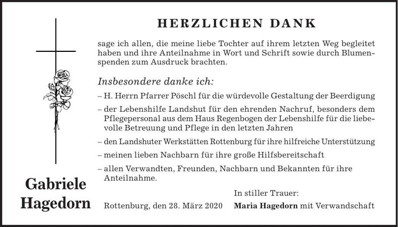 Traueranzeige Gabriele Hagedorf