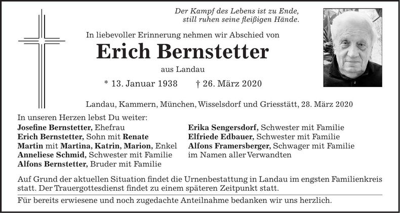 Traueranzeige Erich Bernstetter