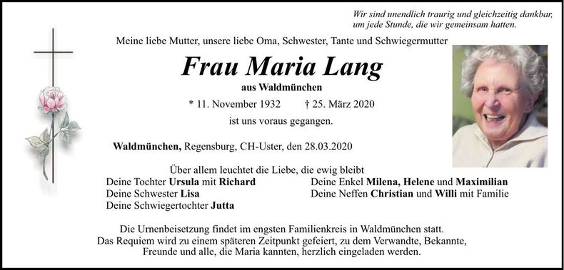 Traueranzeige Maria Lang