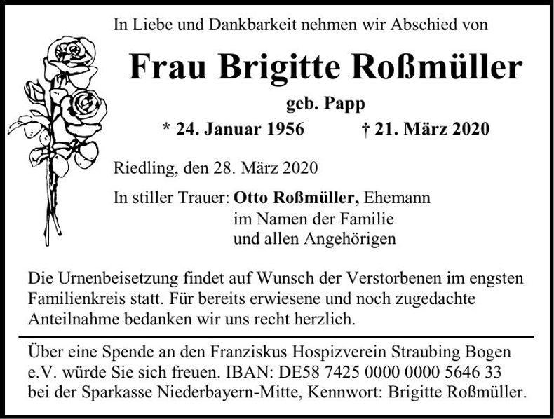 Traueranzeige Brigitte Roßmüller