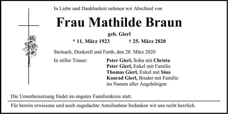 Traueranzeige Mathilde Braun