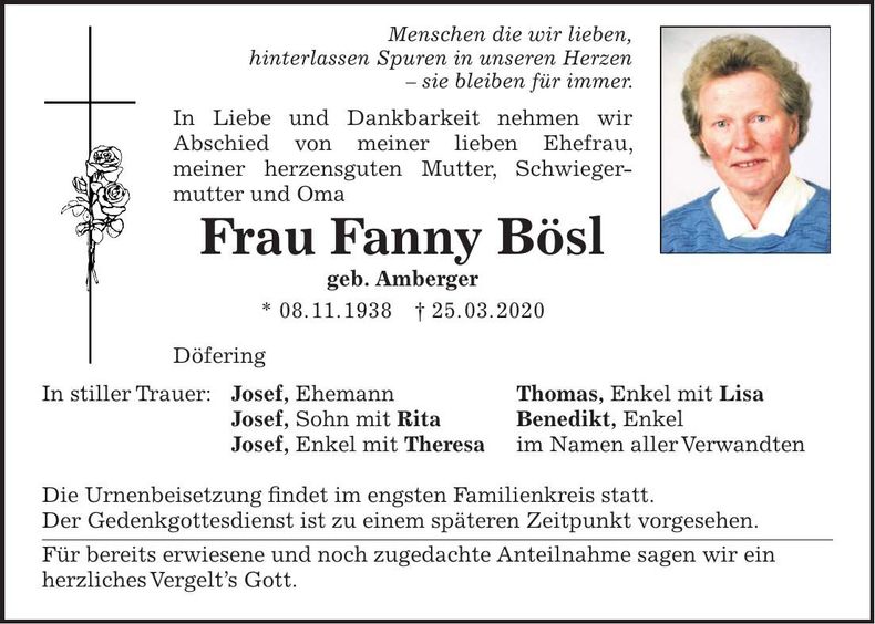 Traueranzeige Fanny Bösl