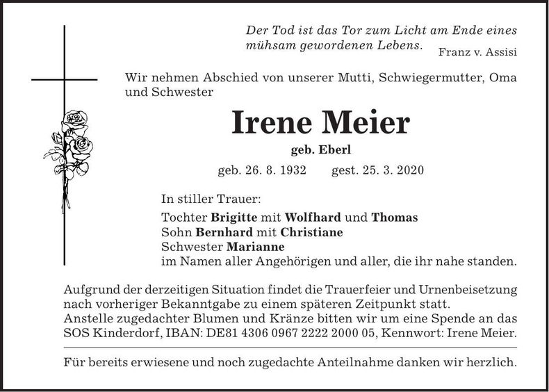 Traueranzeige Irene Meier