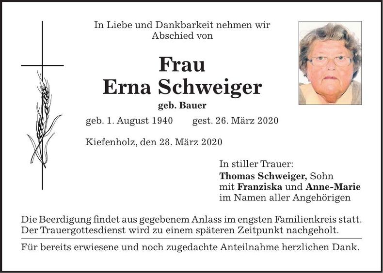 Traueranzeige Erna Schweiger