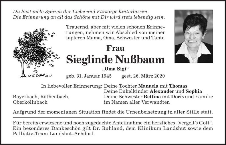 Traueranzeige Sieglinde Nußbaum