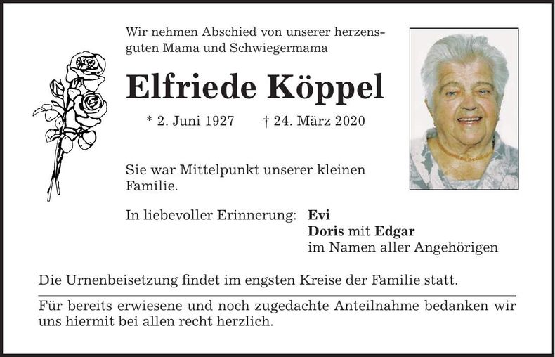 Traueranzeige Elfriede Köppel