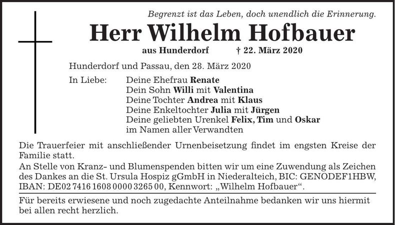 Traueranzeige Wilhelm Hofbauer