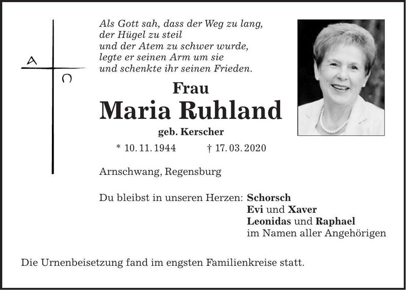 Traueranzeige Maria Ruhland