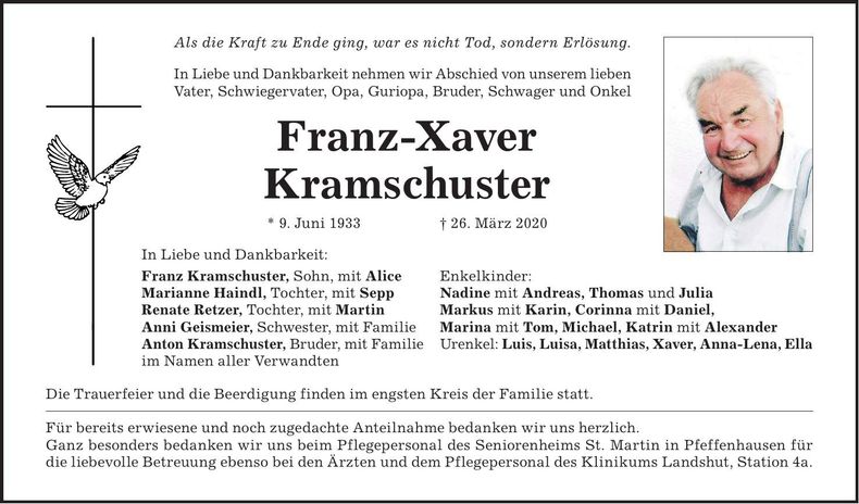 Traueranzeige Franz-Xaver Kramschuster