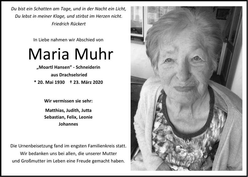 Traueranzeige Maria Muhr