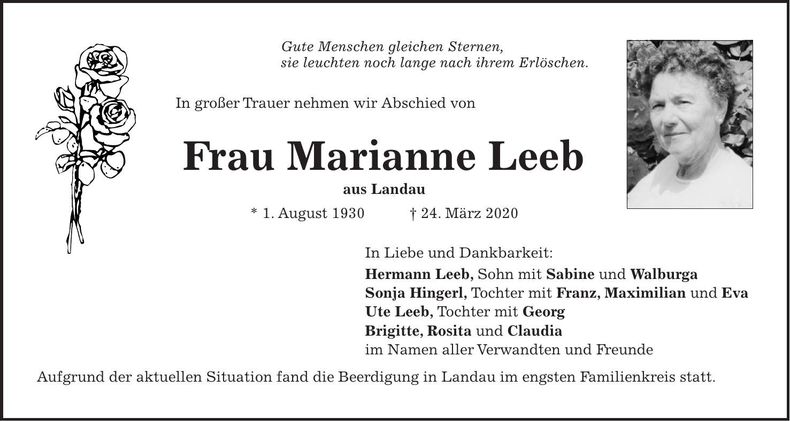 Traueranzeige Marianne Leeb