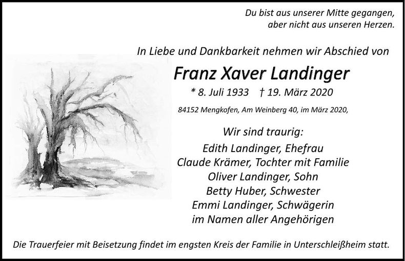 Traueranzeige Franz Xaver Landinger