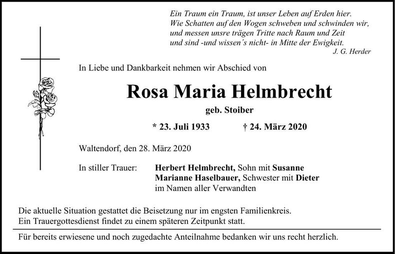 Traueranzeige Rosa Maria Helmbrecht