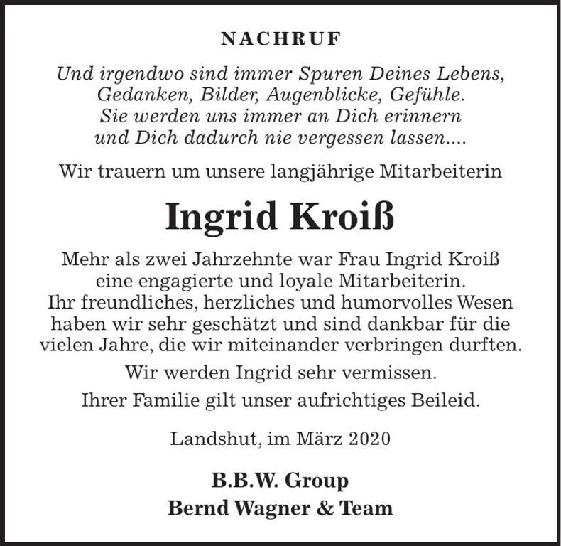 Traueranzeige Ingrid Kroiß