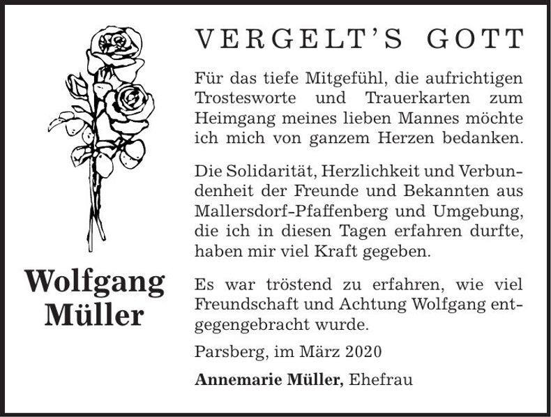 Traueranzeige Wolfgang Müller